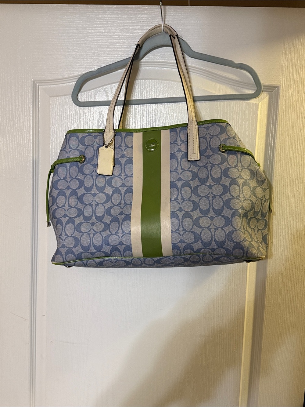 Coach Blue Signature Tote with Green and Cream Stripe